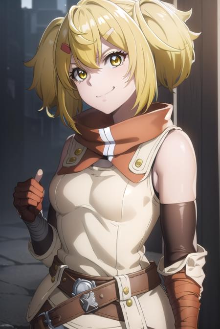 oikatzo, blonde hair, hair ornament, twintails, (yellow eyes:1.3), hairclip, short twintails, gloves, belt, fingerless gloves, red gloves,