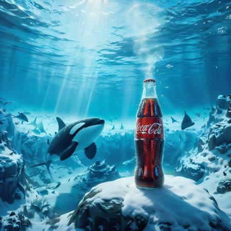 kekokelev2, a bottle of coca cola and a whale swimming in the ocean with a sunbeam in the background and a fish swimming in the water, no humans, bottle, whale, coca-cola, shark, underwater, fish, scenery, animal
Best quality,masterpiece,ultra high res,<lora:20231217-1702820058385-0020:0.7>,