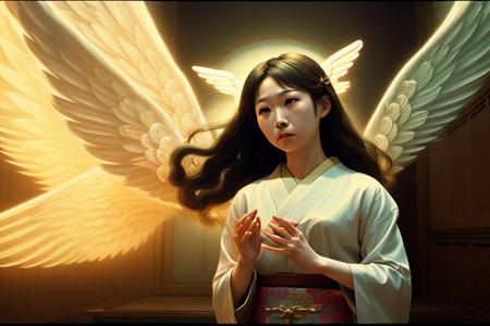 a movie still of a japanese woman, wings,angelical, cinematic light