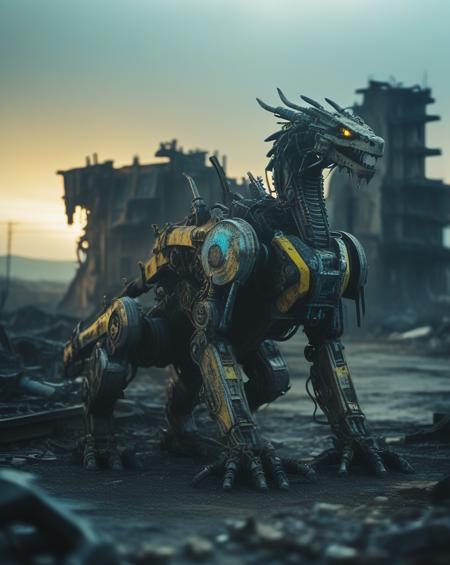 A cybernetic Dragon stands amidst ruins, with one side resembling a mechanical robot and the other side retaining its natural fur. The background is a desolate wasteland with crumbling buildings, rusted machinery, and a toxic yellow sky. Incorporate subtle details like glowing blue circuits, exposed wires, and worn leather straps to convey a sense of decay and technological overreach