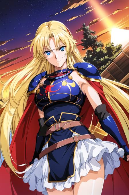 Outdoor,sunset, twilight,Castle,red_sky,sunlight, sunrise, backlighting,cloud, cloudy_sky,mountainous_horizon, orange_sky,
Standing at attention,diffraction_spikes, glint,sparkle,
blue and red outfit,Blue_armor, (shoulder_armors:1.5), armored dress, armored boots, miniskirt,red and blue_cape,white_gloves,belt,
<lora:Sharon_Words_Worth-KK77-V1:0.75>,<lora:Front_Innocent_repack-KK77-V1:0.1>,
blonde_hair,long_hair,blue_eyes,
1 girl, 20yo,mature female,Beautiful Finger,Beautiful long legs,Beautiful body,Beautiful Nose,Beautiful character design, perfect eyes, perfect face,
looking at viewer,  (big_eyes:1.0),
NSFW,official art,extremely detailed CG unity 8k wallpaper, perfect lighting,Colorful, Bright_Front_face_Lighting,
(masterpiece:1.0),(best_quality:1.0), ultra high res,4K,ultra-detailed,
photography, 8K, HDR, highres, absurdres:1.2, Kodak portra 400, film grain, blurry background, bokeh:1.2, lens flare, (vibrant_color:1.2)
(Beautiful,large_Breasts:1.4), (beautiful_face:1.5),(narrow_waist),