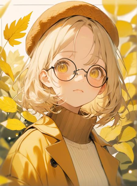 close up, masterpiece, best quality, bokeh, cute, 1girl, solo, beret, hair clip, beige hair, round eyewear, brown jacket, turtleneck sweater, upper body, looking at viewer, yellow eyes, closed mouth, leaf, white background, plant