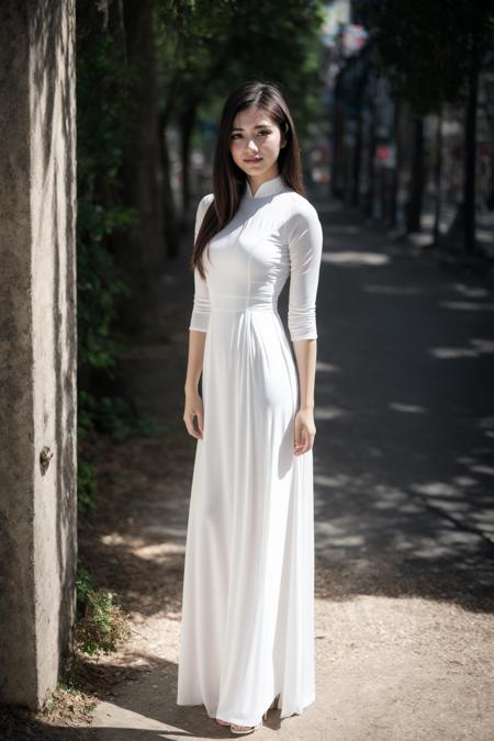 1girl, aodai white, photo art, (flower:1.2), <lora:aodai_white_SD_chiasedamme_v01:0.6>, a stunning photo with beautiful saturation, ultra high res,(realistic:1.4)),deep shadow,(best quality, masterpiece), pale skin, dimly lit, shade, flustered, blush, highly detailed, skinny, BREAK depth of field, film grain, wrinkled skin, looking at viewer, knee, warm smile, (full body:1.2) masterpiece,ultra realistic,32k,extremely detailed CG unity 8k wallpaper, best quality