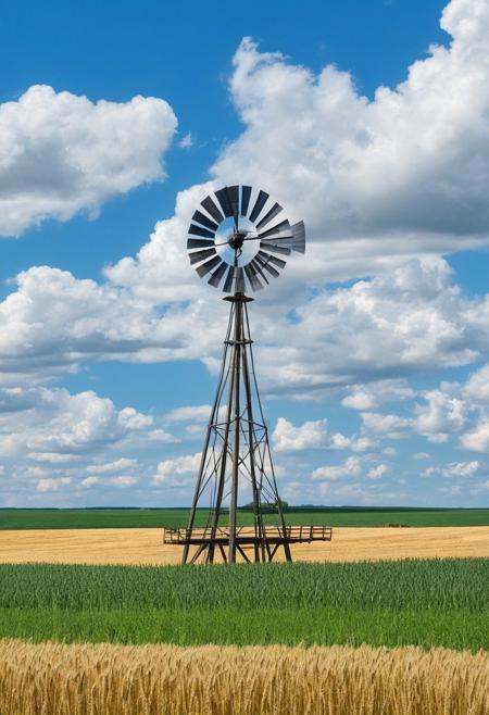 Antique windmill with 4 grinding blades rotating by the force of the wind activating it, background large wheat fields and blue sky with cumulus clouds