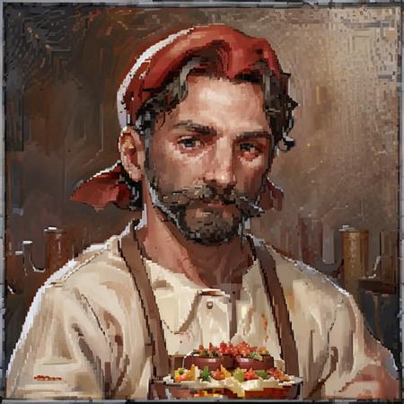 <lora:Dark and Darker Portraits V1:0.85> dark_and_darker_game_portrait_style, vendor, fantasy portrait, small_border, frame, detailed_painting, low_resolution, simple background,  male, The hotdog saleman, 1950s, masterpiece, highest quality, highest quality visuals, highest details