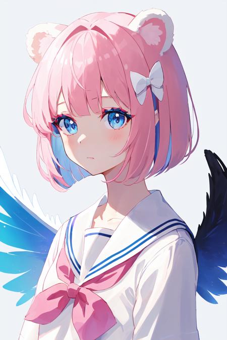 1girl, solo, pink hair, animal ears, blue eyes, wings, looking at viewer, bangs, short hair, bow, sailor collar, simple background, white sailor collar, hair bow, pink bow, closed mouth, shirt, white shirt, bear ears, bob cut, mini wings, grey background, portrait, detached wings, makeup, upper body, white background