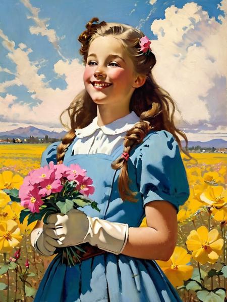 <lora:04Vintageillustration_Hap_XL:1>,Norman Rockwell style beautiful composition, 1girl, solo, long hair, smile, open mouth, gloves, holding, upper body, closed eyes, flower, short sleeves, :d, outdoors, teeth, sky, day, cloud, armor, blue sky, upper teeth only, floating hair, pink flower, brown gloves, yellow flower, holding flower, field, flower field