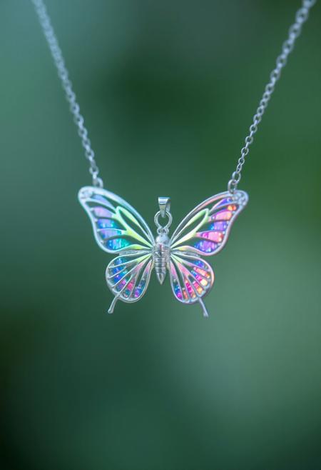 A diminute, very small radiant silver metallic butterfly necklace, adorned with sparkling wings (vibrant rainbow hues). The necklace floats in the air, as if worn by someone invisible, creating an almost magical aura