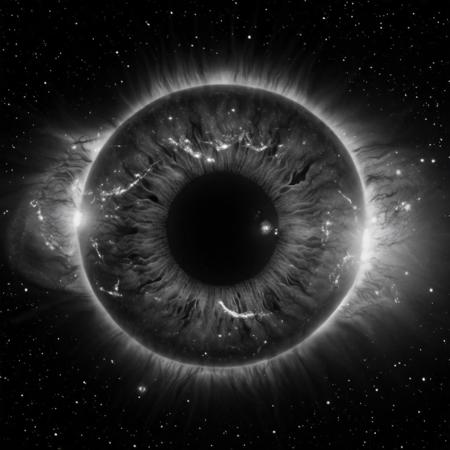cinematic, (((black and white, monochrome, greyscale))), portrait of a mysterious, bioluminescent, eye, the beauty of the galaxy are shown through this eye, supernovas and pulsars erupt, 4k, high quality, grain, grainy, noise, detailed, contrast, heavy dynamic shadows, atmospheric,