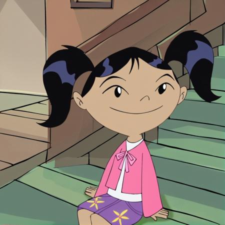 haley_l, black hair, twintails, black eyes, 1girl season1, hair ornament, hair bobbles, stripped dress season2, blouse, bow, purple skirt