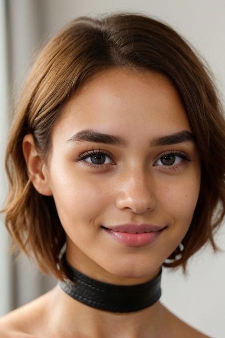 (8k:1.3, masterpiece, best quality, high quality, absurdres, ultra-detailed), headshot portrait, 1girl, solo, natural beauty, chiseled features, feminine, gorgeous, model, detailed face, hyper realistic skin, (((characteristic face))), (((high cheekbones, narrow chin, hollow cheeks))), ((innocent, virgin)), (((tight leather choker))), ((adorable)), (19 years old), ((blonde hair)), (((fringe haircut))), ((thick eyebrows)), (((random moles))), ((eye reflections)), ((amazing eyes)), white teeth, ((characteristic mouth)), subtle make-up, blushed cheeks, ((full lips)), smokey eyes, ((thick eyebrows)), symmetric face, narrow face, big lips, big eyes, (teeth gap), ((characteristic teeth)), soft smooth skin, (((closed mouth))), (((dimples))), ((pink lips)), ((squinting eyes)),
blurred background depicting a bedroom, 
(perfecteyes eyes), (subtle smile), easynegative, CyberRealistic_Negative