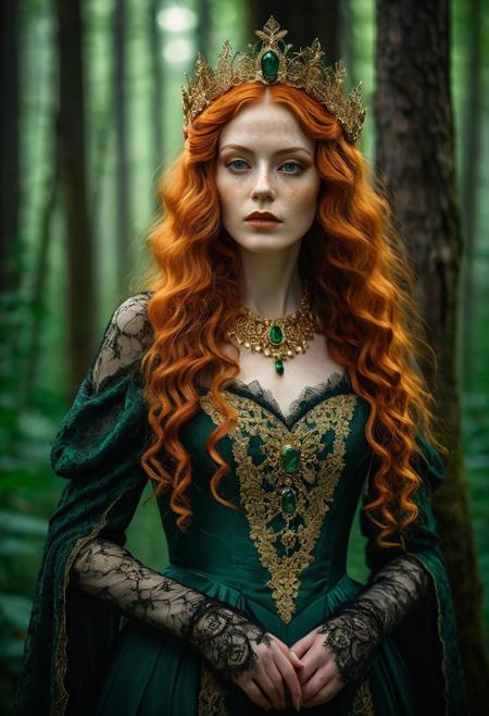 A captivating, cinematic photo of elegant beautiful woman age 42 with long curly orange hair and freckles  transformed into a dark fantasy vampire goth queen. She is dressed in an exquisite, dark green and gold Victorian dress adorned with intricate lace and gold thread patterns. Her long orange hair flows elegantly, and her eyes are a striking shade of green. Matching green slippers and headband enhances her look. The background is filled with a mystical, moonlit forest, creating an atmosphere of supernatural enchantment., dark fantasy, photo, cinematic