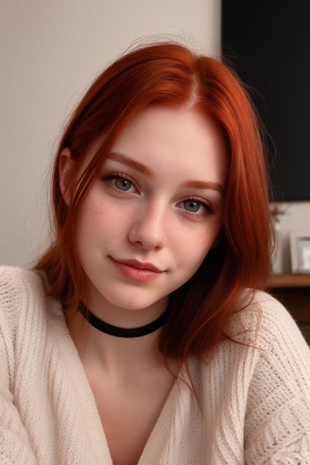 raw photo,close up, (18yo redhead girl:1.2), cheek dimples, blushing, graphic eyeliner, rouge, (lipstick:0.6), (choker:0.9), realistic skin texture, oversize knit sweater, (red:0.8), softcore, warm lighting, cosy atmosphere, instagram style, nsfw , naive, shy, short, thin, fit, beautiful, cute