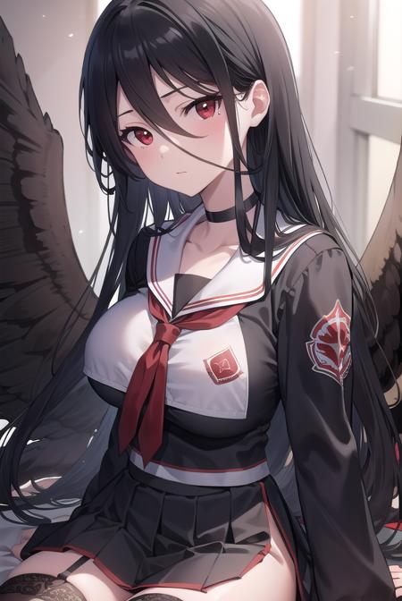 bluearchivehasumi, <lyco:hasumi-lyco-nochekaiser:1>, 
hasumi, black hair, hair between eyes, long hair, mole, mole on breast, mole under eye, (red eyes:1.5), wings, black wings, low wings, feathered wings, (large breast:1.2),
BREAK black choker, black serafuku, black skirt, black thighhighs, garter straps, long sleeves, pleated skirt, school uniform, serafuku, side slit, skirt, thighhighs, white collar, whie sailor collar,
BREAK looking at viewer, 
BREAK indoors, classroom,
BREAK <lyco:GoodHands-beta2:1>, (masterpiece:1.2), best quality, high resolution, unity 8k wallpaper, (illustration:0.8), (beautiful detailed eyes:1.6), extremely detailed face, perfect lighting, extremely detailed CG, (perfect hands, perfect anatomy),