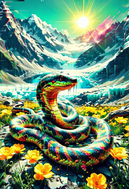 Flickering Worlds, vibrant colors, vivid colors, Snake made out of glitch style, glacier, buttercups, sunlight, dramatic, glitch, Masterpiece, best quality, amazing quality, volumetric lighting, SFW, exquisite detail, digital, digital art, highly detailed, beautiful, surreal,