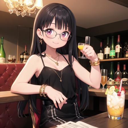 best quality, ultra-detailed, illustration, glasses,
cabaret, scenery, bar (place), indoors, chair, table, light,
1girl, solo, glasses, jewelry, long hair, necklace, smile, black hair, looking at viewer, black dress, sleeveless dress, bracelet, sitting, drinking glass, alcohol, 
 <lora:cabaret_SD15_V1:1>