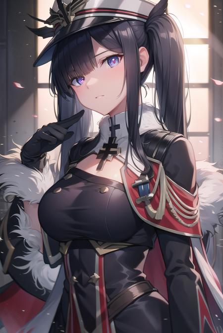 peterstrasser, <lora:peterstrasser-lora-nochekaiser:1>,
peter strasser, black hair, hair over one eye, long hair, one eye covered, (purple eyes:1.1), twintails,
BREAK armored boots, black coat, black footwear, black ribbon, boots, buttons, cape, coat, fur trim, fur-trimmed cape, gloves, hat, high heels, military hat, peaked cap, red cape, ribbon, stiletto heels, white gloves, white headwear,,
BREAK looking at viewer,
BREAK indoors,
BREAK <lyco:GoodHands-beta2:1>, (masterpiece:1.2), best quality, high resolution, unity 8k wallpaper, (illustration:0.8), (beautiful detailed eyes:1.6), extremely detailed face, perfect lighting, extremely detailed CG, (perfect hands, perfect anatomy),