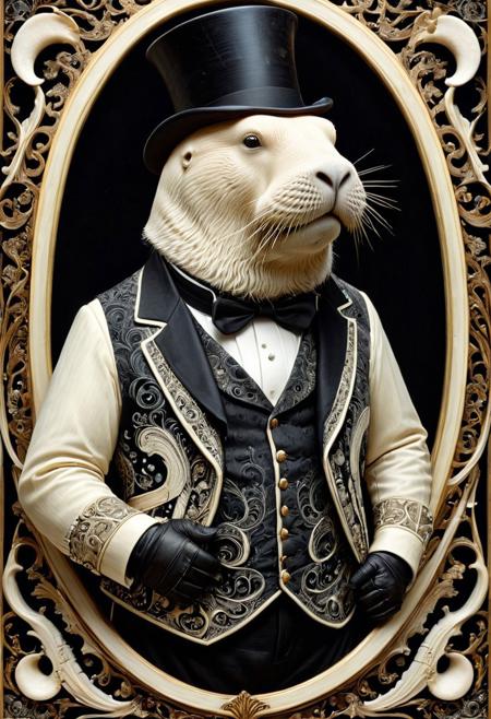 amazing masterpiece, best quality, best lineart, absurdres, ultra-high-resolution, intricately ultra-detailed, highly detailed, sharp outlines, sharp lines, amazing film grain,
Walrus wearing a waistcoat and tophat, made out of, ebony, ivory, scrimshaw, bone carving, 
Surreal, Victorian,