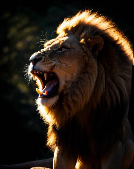 zavy-rmlght, award winning shot of a yawning male lion, rim light, (light behind:0.7), dark <lora:zavy-rmlght-sdxl:0.8>Zavy-Rmlight