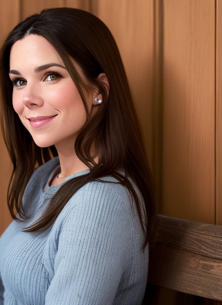 photo of brunette (LorelaiGilmore:0.99) sitting on a bench smiling for the camera with a wooden wall behind her and a wooden door behind her, with a wooden slatted wall behind her, and a wooden bench,  detailed face, realistic skin, high quality, blue eyes