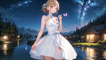 (masterpiece,best quality:1.6),
(solo,1girl,bust,white dress:1.2),
scenery,(night, starry sky, lake, reflection),
flower,butterfly,