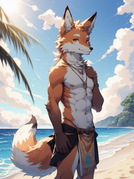 masterpiece, high quality, hi res, digital painting \(artwork\), by kuroisumi, yupa,kiyosan. soft lighting, solo, (anthro male fox), (orange body), sunshine, beach, loincloth, sea, cloud, dark, bright, sand, from side, necklace. impasto, panorama,portrait,135mm,looking at viewer,character focus. detailed background,amazing background,outdoors,scenery,light particles, kemono, (cute)