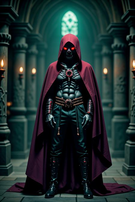 <lora:LCM_LoRA_Weights_SD15:1>,<lora:detail_slider_v4:1.3>,(sinister lich) with glowing red eyes, wearing a deep green dark cloak, tattered pants, enchanted shoes, bearing a soul gem, surrounded by surrounded by a malevolent aura, set in crypt, candlelit, shadows dancing, ancient sarcophagi, inscriptions on the walls,