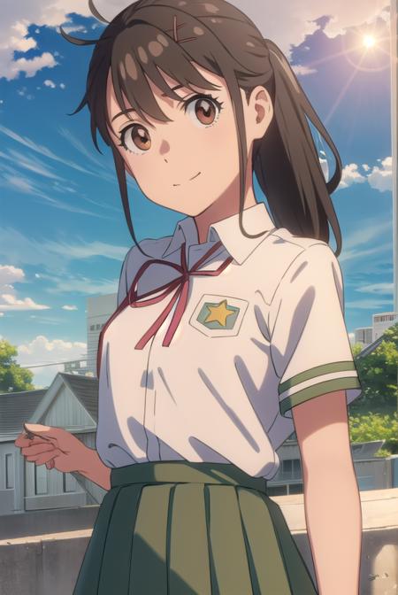 suzumeiwato, <lora:suzume iwato movie-lora-nochekaiser:1>,
suzume iwato, long hair, black hair, hair ornament, (brown eyes:1.5), hairclip, ponytail, smile,
BREAK skirt, shirt, ribbon, school uniform, white shirt, red ribbon, green skirt, long skirt,
BREAK outdoors, sky, day, cloud, sun,
BREAK looking at viewer, (cowboy shot:1.5),
BREAK <lyco:GoodHands-beta2:1>, (masterpiece:1.2), best quality, high resolution, unity 8k wallpaper, (illustration:0.8), (beautiful detailed eyes:1.6), extremely detailed face, perfect lighting, extremely detailed CG, (perfect hands, perfect anatomy),