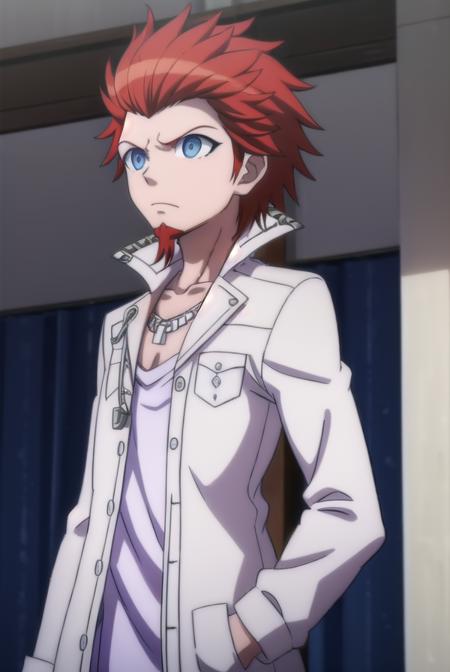 leonkuwata, <lora:leon kuwata s1-lora-nochekaiser:1>,
leon kuwata, short hair, blue eyes, male focus, red hair, facial hair, spiked hair, goatee,
BREAK shirt, jewelry, collarbone, jacket, white shirt, earrings, open clothes, necklace, open jacket, piercing, white jacket, pocket, breast pocket,
BREAK outdoors, classroom,
BREAK looking at viewer, (cowboy shot:1.5),
BREAK <lyco:GoodHands-beta2:1>, (masterpiece:1.2), best quality, high resolution, unity 8k wallpaper, (illustration:0.8), (beautiful detailed eyes:1.6), extremely detailed face, perfect lighting, extremely detailed CG, (perfect hands, perfect anatomy),