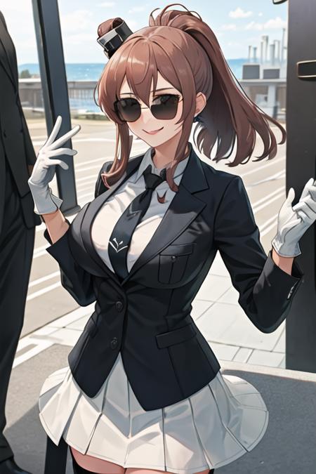 best quality, masterpiece, highres, solo, {black business suit:1.40}, {tie:1.20}, {sunglasses:1.25}, {white gloves:1.15}, {white shirt:1.10}, {black skirt:1.15}, {smoking:1.20}, handsome, {saratoga_kantaicollection:1.15}, brown_hair, long_hair, ponytail, side_ponytail, hair_between_eyes, blue_eyes, breasts, sidelocks, large_breasts, smile, pocket, breast_pocket, smokestack