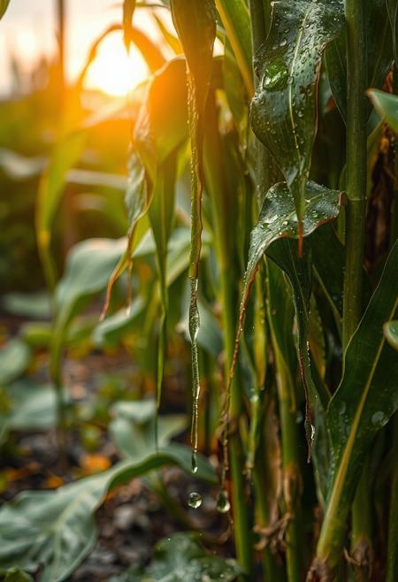 a bunch of milpa plants, with water droplets on them, milpa dripping, a Gaint milpa planting system of corn, squash, beans, wearing a milpa planting system, milpa dripping juice, milpa, milpa wall, “milpa, rainy background, raindrops, wild milpa plants, beautiful art uhd 4 k, clear liquid and snow, nature wallpaper, gems and diamond for milpa plants, rain drops, 32k, rain drops, sun shining behind the glowing clouds,