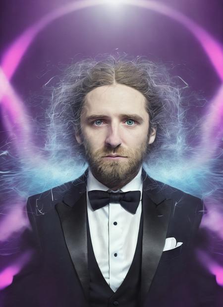 portrait of sks person in tuxedo, (perfect eyes), energetic and colorful streams of light (photo, studio lighting, hard light, sony a7, 50 mm, matte skin, pores, concept art, colors, hyperdetailed), with professional color grading, soft shadows, bright colors, daylight, <lora:locon_dobromir_v1_from_v1_64_32:1.4>