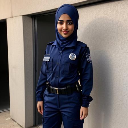 18 year Arab female security guard patrolling an parking garage at night. Pleasant smile. Brown eyes. Blue hijab. Carrying a flashlight. White uniform dress shirt with navy blue tie. Full body shot. Wearing long, navy blue cargo pants. Open blue security uniform jacket. Hair in a ponytail. Size B small breasts. (muslim)