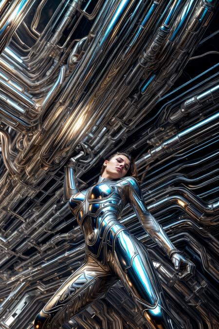 <lora:add_detail:1> <lora:ChromeTech:0.8> (masterpiece, best quality, realistic, detailed, sharp:1.2), intricate details, 1girl,  chrometech, android, scifi, sleek, ((explosive pose)), expressionism, movie still, ((liquid metal)), metallic, gleaming, metallic , metal reflection, symmetrical, clear reflection, clean metal, chrome, ballroom background