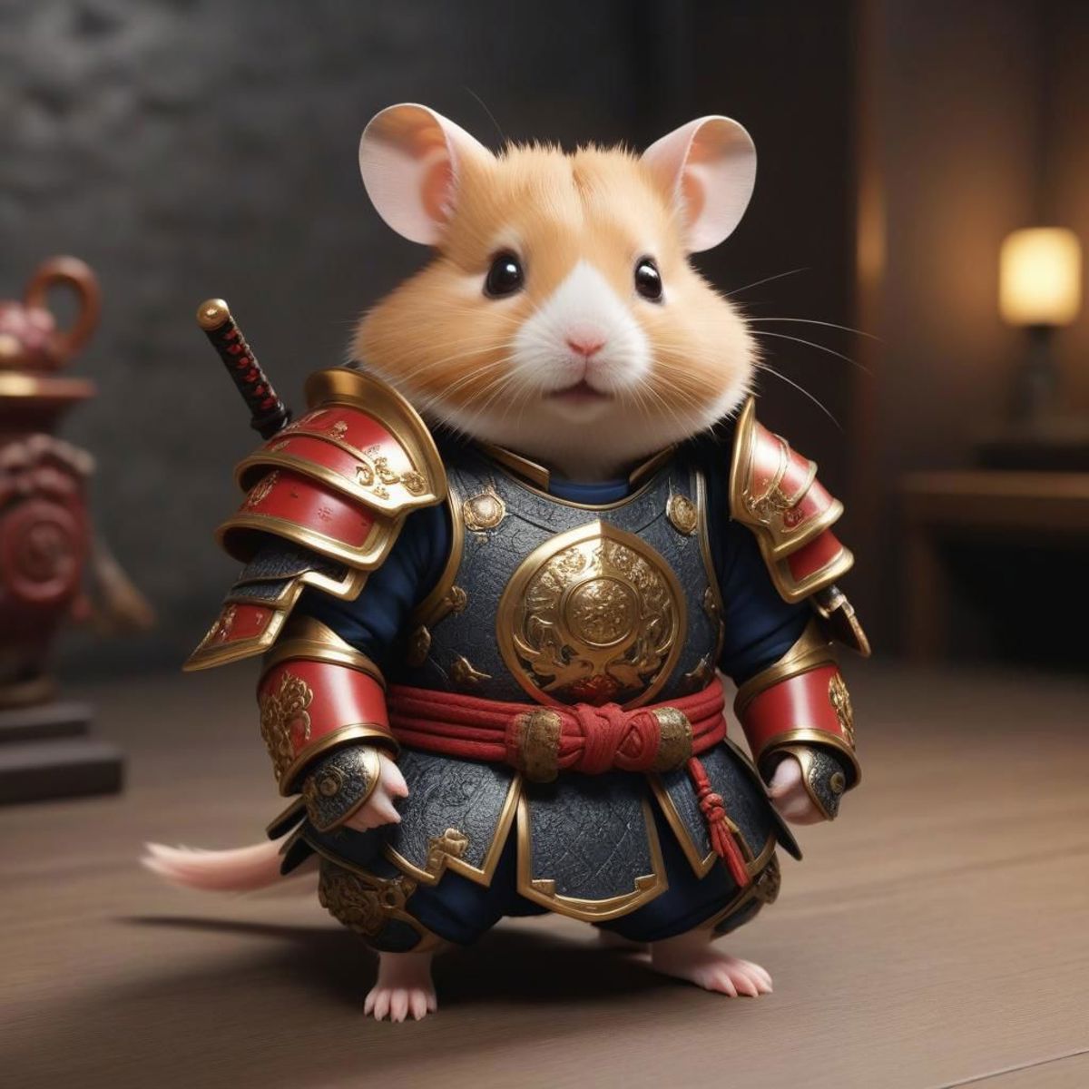 A tiny hamster wearing a knight's armor or armor costume.