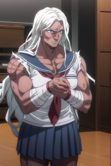 sakuraoogami, <lora:sakura oogami s1-lora-nochekaiser:1>,
sakura oogami, long hair, white hair, dark skin, dark-skinned female, muscular, scar, muscular female,
BREAK shirt, school uniform, serafuku, sailor collar, bandages, blue sailor collar, bandaged arm,
BREAK indoors, classroom,
BREAK looking at viewer, (cowboy shot:1.5),
BREAK <lyco:GoodHands-beta2:1>, (masterpiece:1.2), best quality, high resolution, unity 8k wallpaper, (illustration:0.8), (beautiful detailed eyes:1.6), extremely detailed face, perfect lighting, extremely detailed CG, (perfect hands, perfect anatomy),