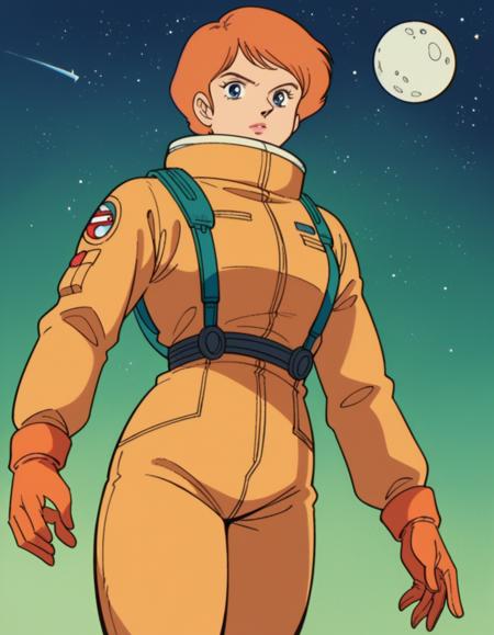 reccoa londe, short hair, orange hair, retro artstyle, 1980s \(style\), blue eyes, shorts, uniform, military, green uniform, green shorts, skirt, shirt, jacket, black skirt, coat, blue coat, green shirt, gloves, pilot suit, helmet removed, spacesuit, white spacesuit, gloves, pilot suit, helmet removed, spacesuit, orange spacesuit, orange gloves, orange pants, belt, white gloves, uniform, military, military uniform, black uniform, two-tone uniform, red uniform,