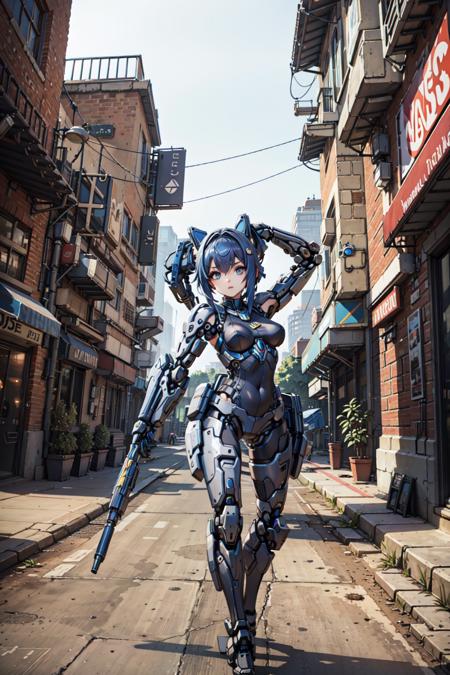 best quality,detailed background,girl,mechanical arms, cityscape,