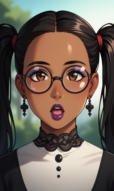 1woman, tan skin, dark skinned female, black hair, twintails, glasses, round eyewear, purple lips, makeup, brown eyes, Gothic theme, black dress, long sleeves