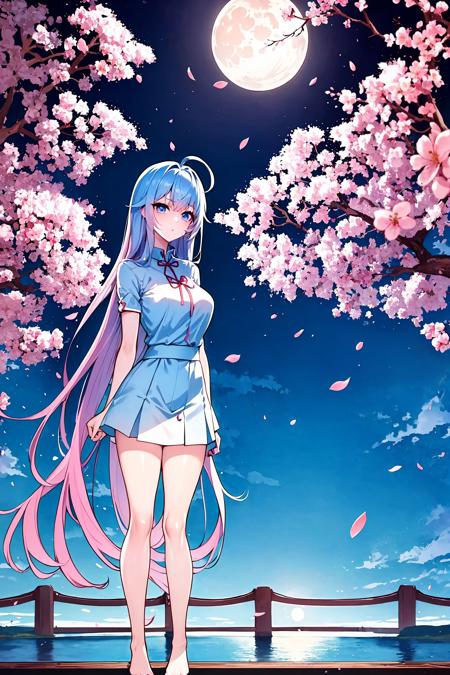 (masterpiece:1.2), mistress, best quality, ultra high res, shiny skin, fashi-g, mature female, ultra high res, perfect anatomy, best shadow, best quality,  ((1girl, solo)), cherry blossoms tree, cherry blossoms, flower, petals, pink flower, spring_\(season\), (moonlight, full moon, cloud), falling cherry blossoms,  petals on river, china bridge, river cross bridge, faraway,  (side face, stand sideways, lower one's head:1.3) ,long hair,  white shirt, short skirt, blue shirt, disheveled hair, ribbon around the arm, night, bangs, blue-pink hair, ahoge, pink_theme, standing in bridge,  ruminate, blue eyes, breasts, <lyco:fashionGirl_v54:0.1>, <lora:UhP:0.8>