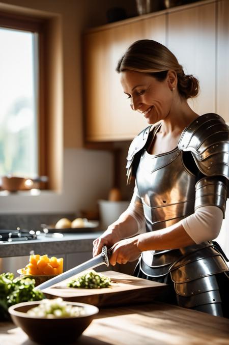 , <lora:XLKnightV1:1> HOLDING SWORD, ARMOR,, cinematic film , shallow depth of field, highly detailed, high budget, bokeh, cinemascope, film grain, grainy, 8k, A highly detailed mother in her kitchen preparing meal, window sunny day, happy, smiling,