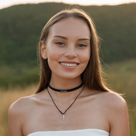 Skin texture, no makeup, Super high res closeup portrait photo of a stunning woman outdoors with straight hair, wearing a small string choker around her neck,f /2.8, Canon, 85mm,cinematic, high quality,looking at the viewer,  , <lora:asmrdarling_xl_2_standard_merger_21_51_055_045:1.2>, smiling