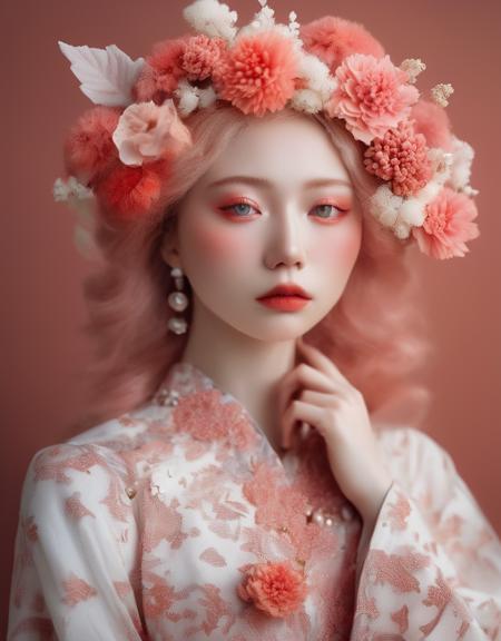 a commercial photo portrait of instagram model, the Ethereal Portraits, fashionable 2020's Japanese girl, detailed skin texture, 16yo girl, hyper real photo, , Albinism and Heterochromia by Bella Kotak, girly portrait in studio shoots, Albina Albina, Feminine portrait, bust-up shot, intricate fantasy dress,
taken by professional studio lighting, 150mm lens, PhaseOne, digital backs, medium format,
, 150mm portrait, photography, photo taken with a Hasselblad H4D, taken with PhaseOne IQ180, IQ160, IQ140, P65+, P45+, "digital back", extremely detailed, Leaf Aptus, perfect skin, detailed skin, hyper reality, perfect face,
(coral red:1.6) hair, (coral red:1.6) background, dress head completely covered with (coral red:1.6) flowers, (coral red:1.6) color filter,