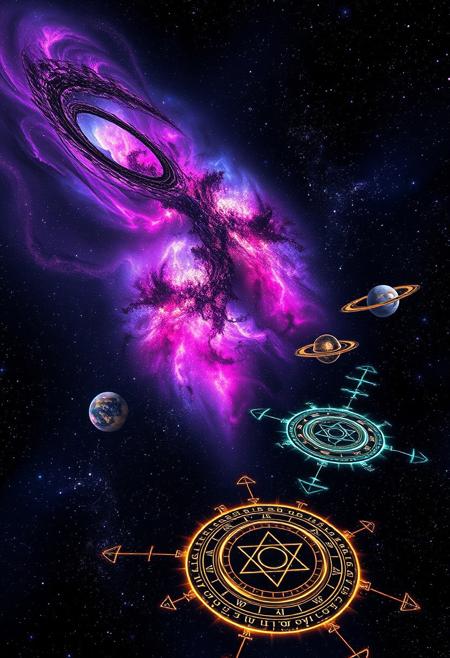 A highly detailed and ultra-realistic scene depicting a vast starry expanse stretching infinitely across the cosmos, where swirling galaxy clusters in vibrant purples, blues, and pinks blend seamlessly with glowing nebulae that shimmer like celestial veils. Distant planets with delicate rings hover in the void, their surfaces reflecting the light of nearby stars, while floating asteroid fragments and shimmering cosmic dust drift lazily through the scene. A magical element infuses the space with wonder—arcane runes of pure starlight, glowing in radiant gold, trace intricate patterns across the void, pulsing with an ancient, mystical energy that seems to hum with power. A surreal touch enhances the otherworldly atmosphere—glowing ethereal portals, pulsating with teal light, are scattered across the expanse, their edges flickering as if gateways to unknown realms, with faint aurora trails weaving between them in hues of green and violet. The deep black void serves as a stark backdrop, amplifying the brilliance of the cosmic and magical elements, creating a scene that feels both majestic and enchanted. The atmosphere is awe-inspiring, rendered with ultra-realistic precision, rich textures, and high contrast, optimized for FLUX.1 with sharp edges and cinematic depth, crafting a breathtakingly magical space vista.