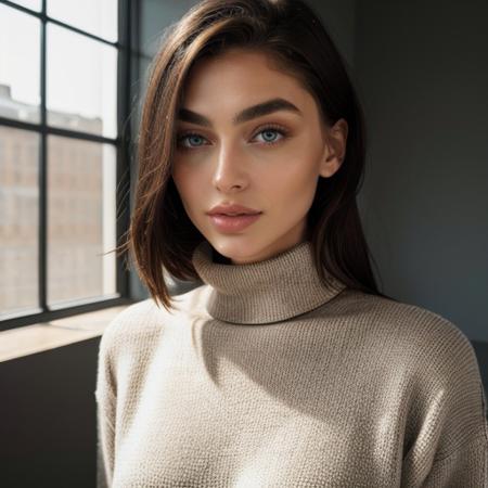 <lora:emjayrinaudo_sd15_512_128_64_v1:1> 1girl solo looking at viewer  wearing a turtleneck sweater  epiCRealism