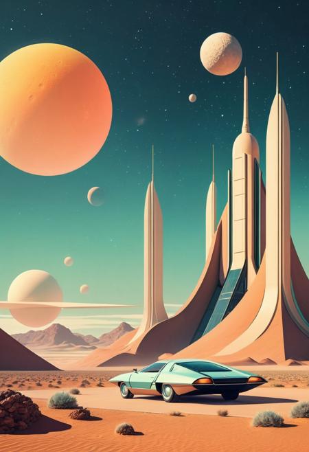 retro-futurism, surreal landscape, analog sci-fi aesthetic, 1970s color palette, geometric structures, monolithic forms, soft pastels, earthy tones, vintage sci-fi cover art, surreal minimalism, futuristic architecture, analog electronics influence, dreamy atmosphere, speculative design, alien desert, glowing sun, two moons, sleek spaceship, starry sky