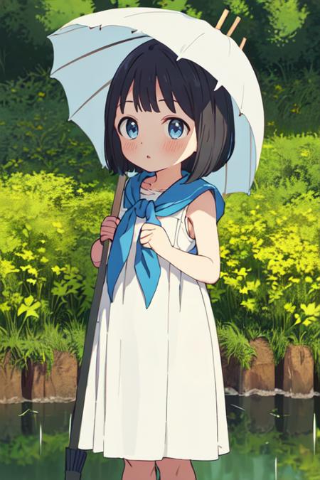 masterpiece, highres, 1girl, lilttle girl, short hair, blue eyes, black hair, <lora:KaoAkebiR4:0.7>, KaoAkebiR4, against tree, bangs, black hair, black umbrella, blue neckerchief, blue sailor collar, blue umbrella, blush, bush, christmas tree, dandelion, day, dress, field, flower, flower field, foliage, forest, garden, grass, hill, holding, holding umbrella, ivy, jungle, ladybug, leaf, leaf umbrella, moss, nature, oil-paper umbrella, on grass, on ground, outdoors, palm tree, parasol, parted lips, path, pink umbrella, plant, pond, rain, red umbrella, road, sailor collar, sailor dress, shade, shared umbrella, sleeveless, sleeveless dress, solo, tent, transparent umbrella, tree, tree stump, umbrella, under tree, white dress, white umbrella, wooden fence