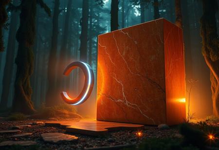 “A cinematic, high-tech vision of the Algiz rune in an Italian-inspired forest scene, captured with a Sony prime lens for intense clarity and depth. The metallic, neon-blue Algiz symbol stands alongside a striking orange marble monolith—its surface smooth, polished, and glowing warmly under soft, diffused lights. The monolith reflects the rune’s LED lines, casting vibrant orange and blue highlights across the misty forest floor and surrounding cypress trees, reminiscent of Italian garden design. Each groove in the marble catches and amplifies the surrounding lights, creating intricate patterns that shift with the mist. Warm lighting from below accentuates the marbled texture, blending with advanced holographic panels floating nearby, which project glowing, ancient symbols in a delicate balance of history and innovation. The interplay of colors and lights enhances an immersive atmosphere, merging the elegance of Italian aesthetics with a futuristic edge.”