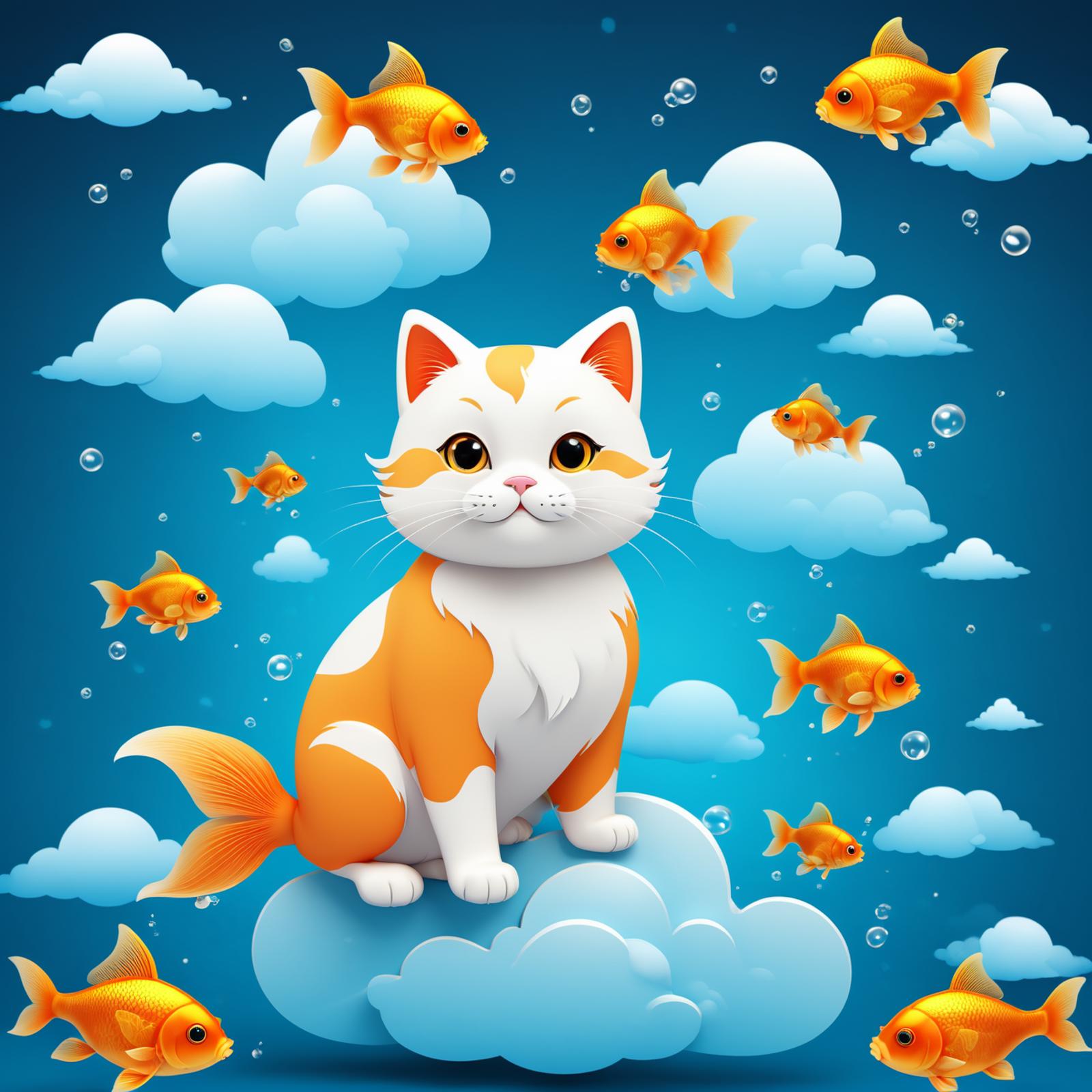 A White and Orange Cat Sitting on a Cloud with Fish Swimming Around
