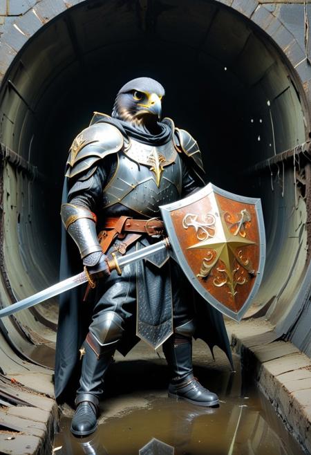SFW, score_9, score_8_up, solo, rp_slgd, dark fantasy art style, portrait, Anthropomorphic Peregrine Falcon, hybrid animal, ((big head of a Peregrine Falcon and a human body)), metal feathers, metal feathery, BREAK ((wearing an armor made of rusted metal full of cuts and holes, holding a scimitar and a kite shield:1.5)), dynamic pose, cowboy shot, ((fighting a toxic monster, sewer tunnel, reflection, creepy, dark, dirty, with branching paths, abandoned, and a stream of water flow in the middle)), BREAK dark an toxic, cinematic lighting in high resolution (8K), subtle shadows, spectacular highlights, hyperrealistic detail, no text or watermarks, Dark Fantasy, dark fantasy atmosphere, <lora:BatFalcon:1.5>,